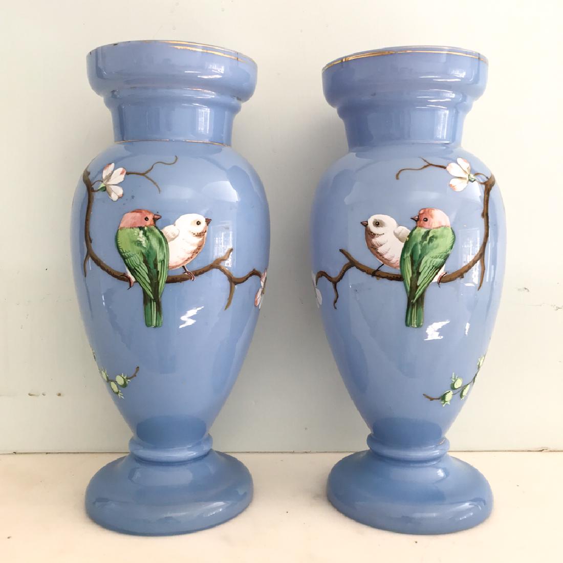 FRENCH OPALINE GLASS PAINTED VASES: Dimensions: H 11.75" x D 5" Condition: Showing wear to some gilt areas.