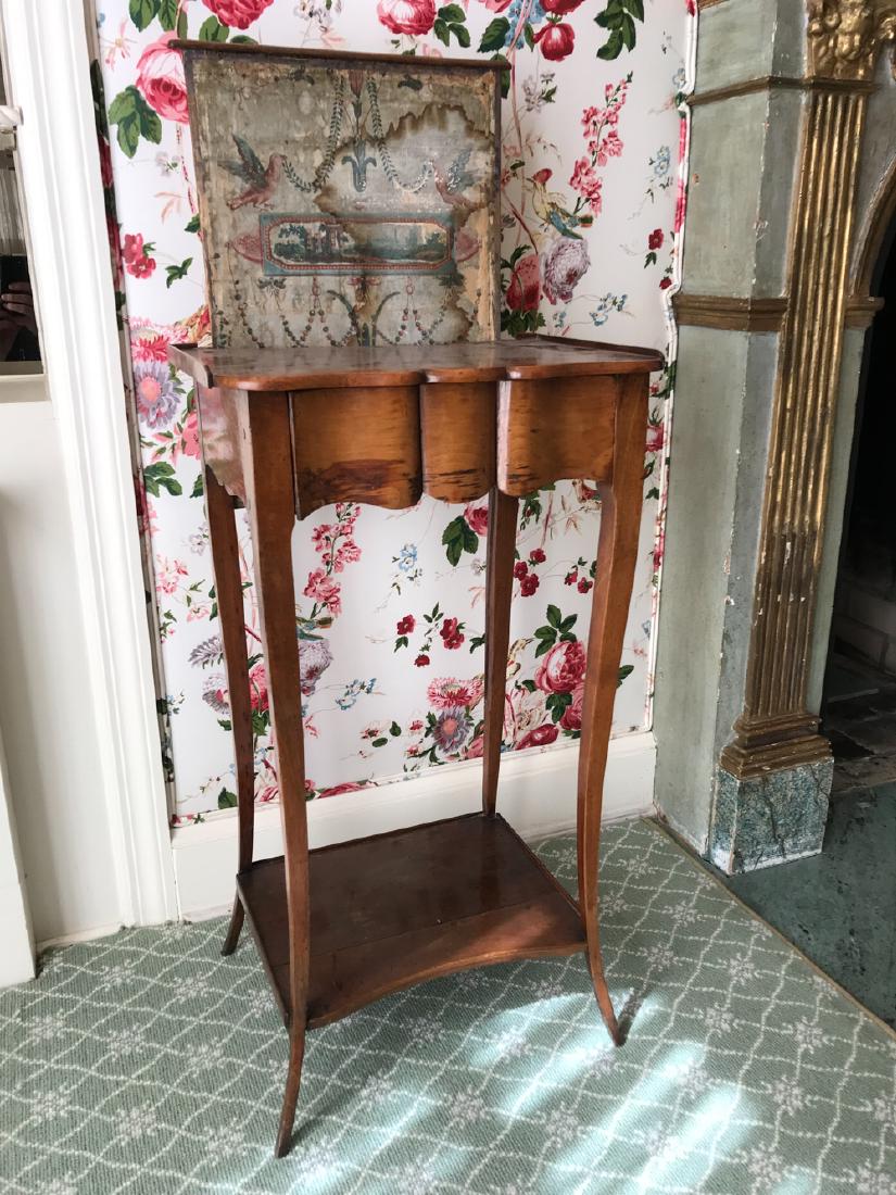 ANTIQUE 19TH C. VANITY TABLE FIRE SCREEN: Dimensions: (Shortest) H 28" x W 15.25" x D 11.5" Condition: Heavy wear to screen. Marks to surface. Slight joint separation at base.
