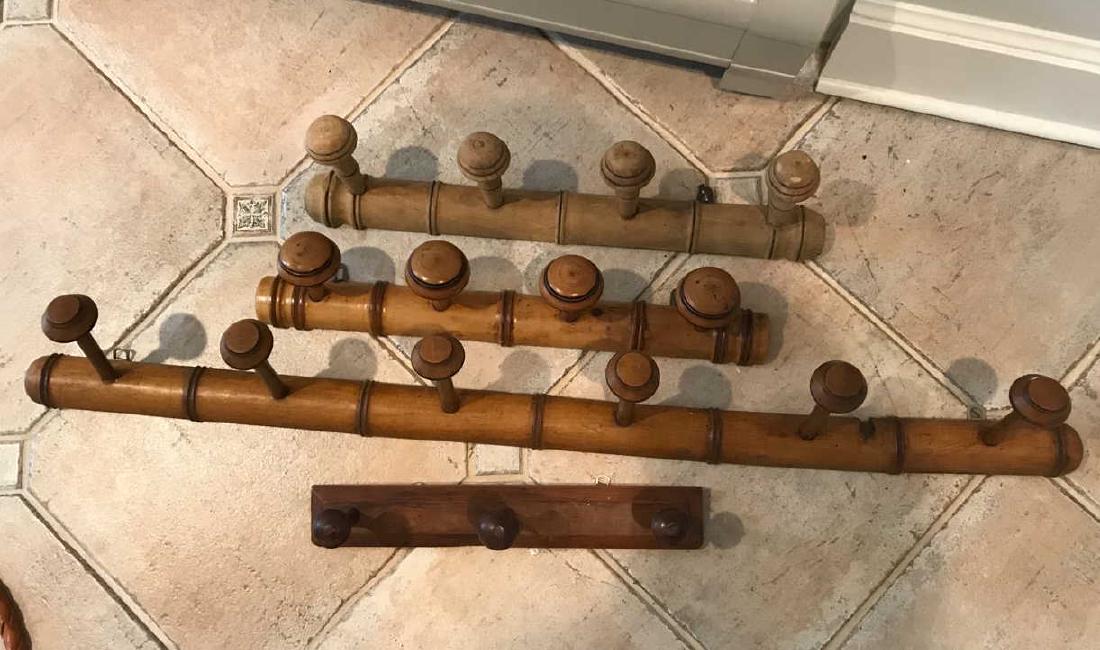 WALL MOUNT CARVED FAUX BAMBOO COAT RACK HOOKS: Dimensions: L 40.5" x W 7" Condition: Showing wear consistent with age and use. Some "hooks" are loose.