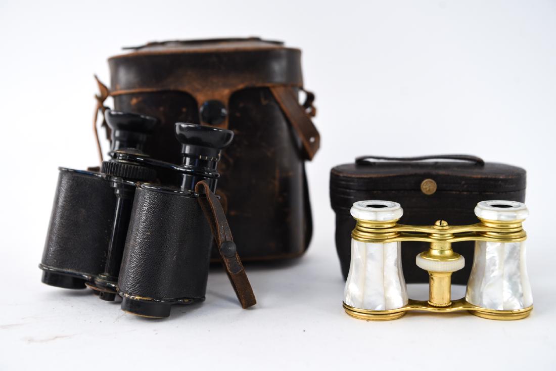 ANTIQUE OPERA GLASSES & BINOCULARS: With cases. Mother of pearl opera glasses from Le Maire Paris. Retailed by the Cowell & Hubbard Co. Cleveland. Binoculars by Warner & Swasey Cleveland OH, patented 1902. Dimensions: (Binocular case) H