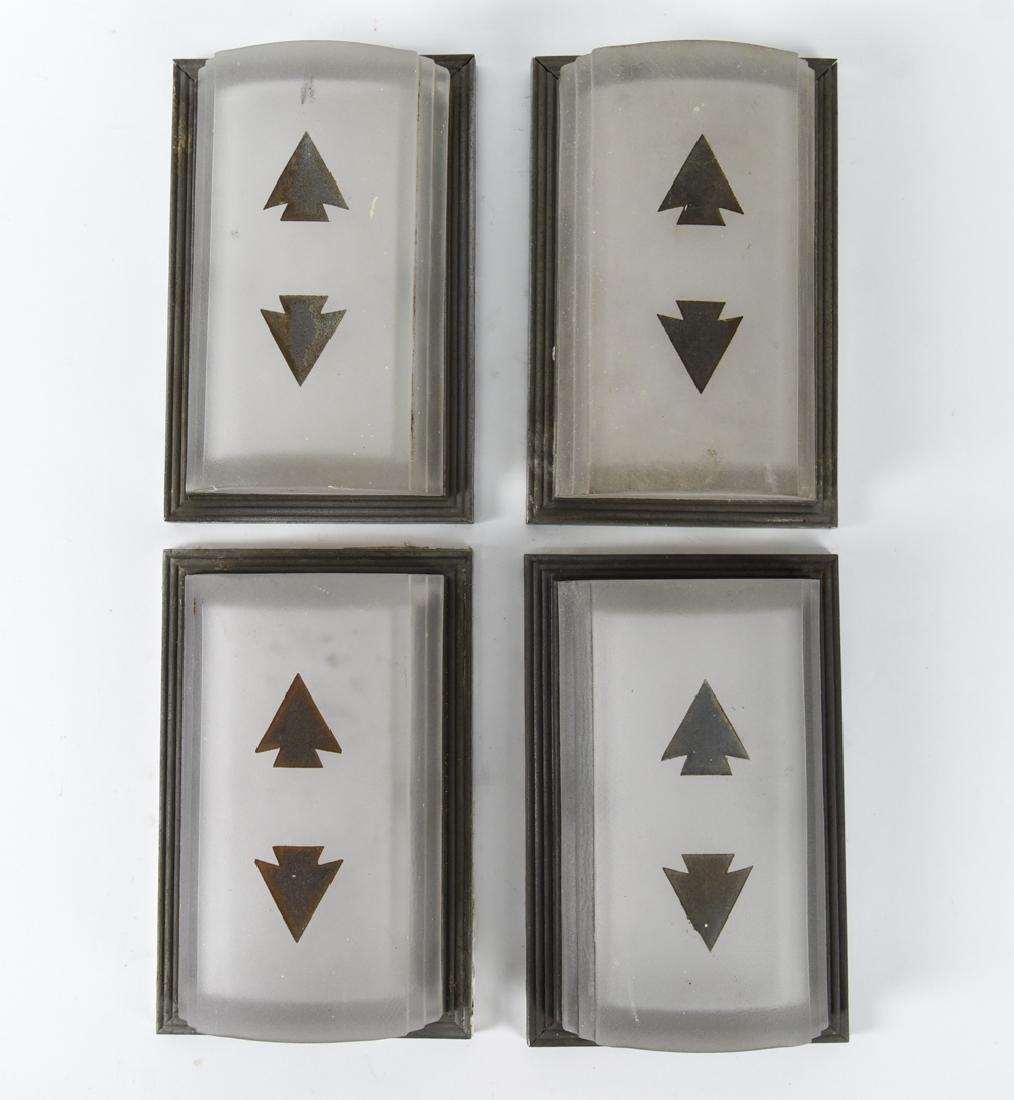 4 DECO ELEVATOR DIRECTION INDICATOR LIGHT SCONCES: Dimensions: H 8.5" x W 5.5" x D 2.25" Condition: Some paint marks to edges. Few small chips to corners and edges of glass. Showing vintage wear.