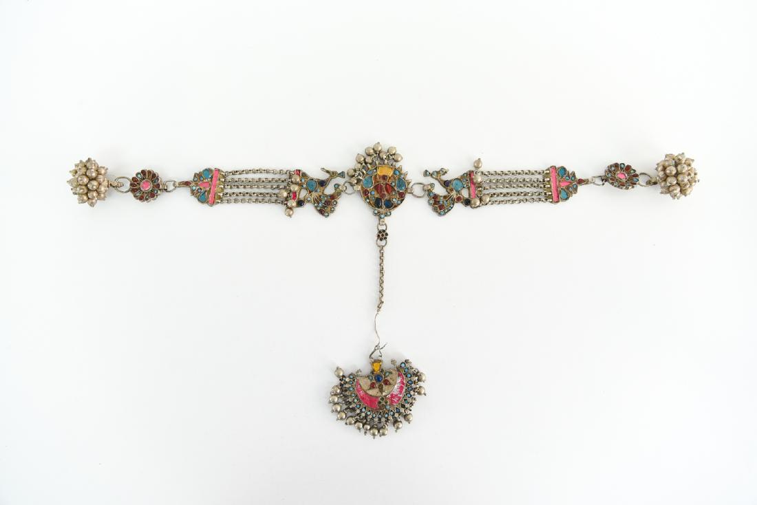 MOROCCAN SILVER BELLY DANCER JEWELRY: Dimensions: (Overall length) L 17" Condition: Some losses of beads and slight bends to metal. Finish wear. As shown.