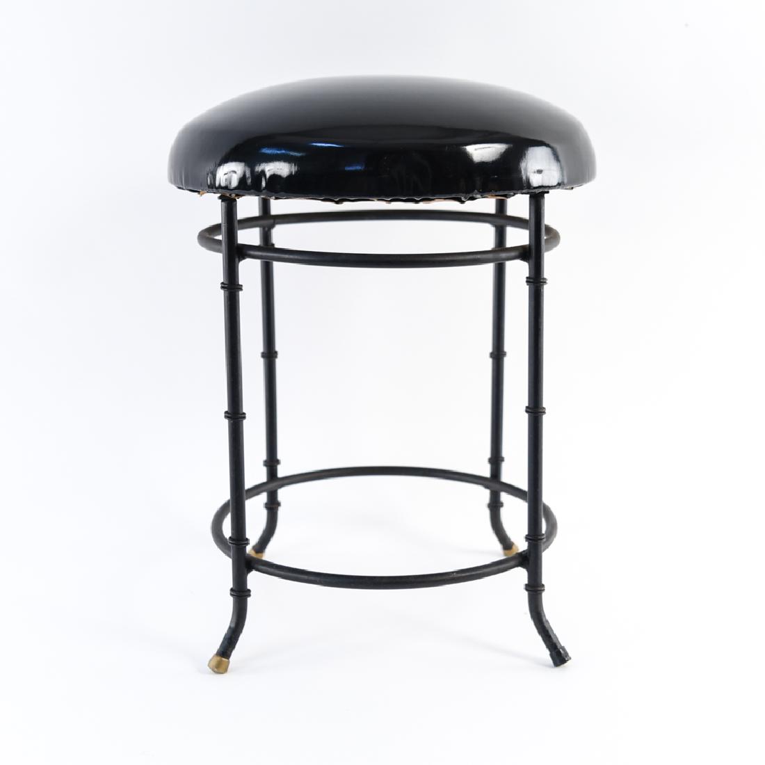 JACQUES ADNET STYLE STOOL: Dimensions: H 18.5" x Dia. 14.5" Condition: One foot cap replaced. Light scuffs to seat.