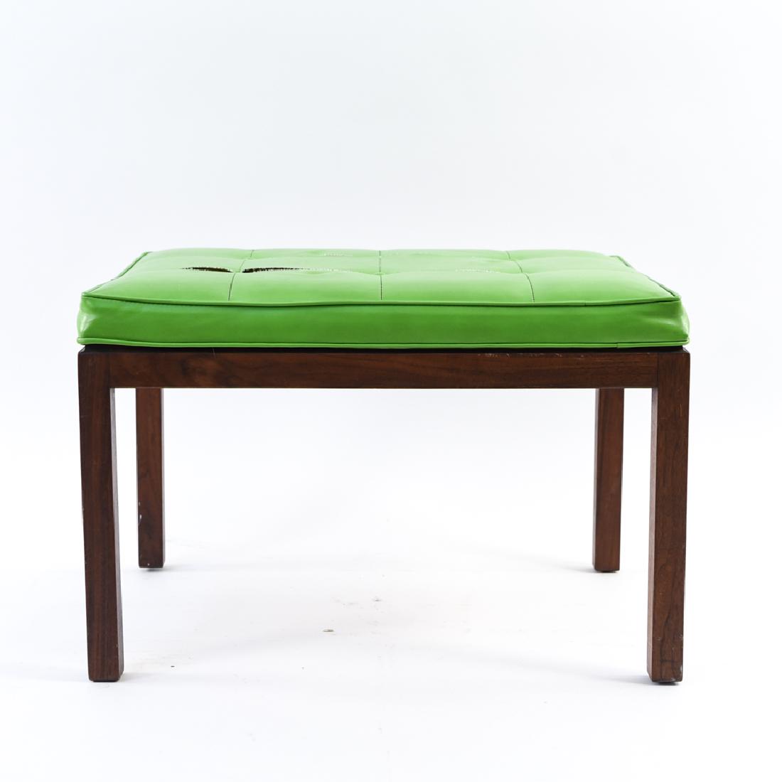 MID-CENTURY FOSTER MCDAVID BENCH: Dimensions: H 16.5" x W 24.25" x D 18" Condition: Tears and soiling to upholstery. Scratches, scuffs, nicks, and dings to wood.