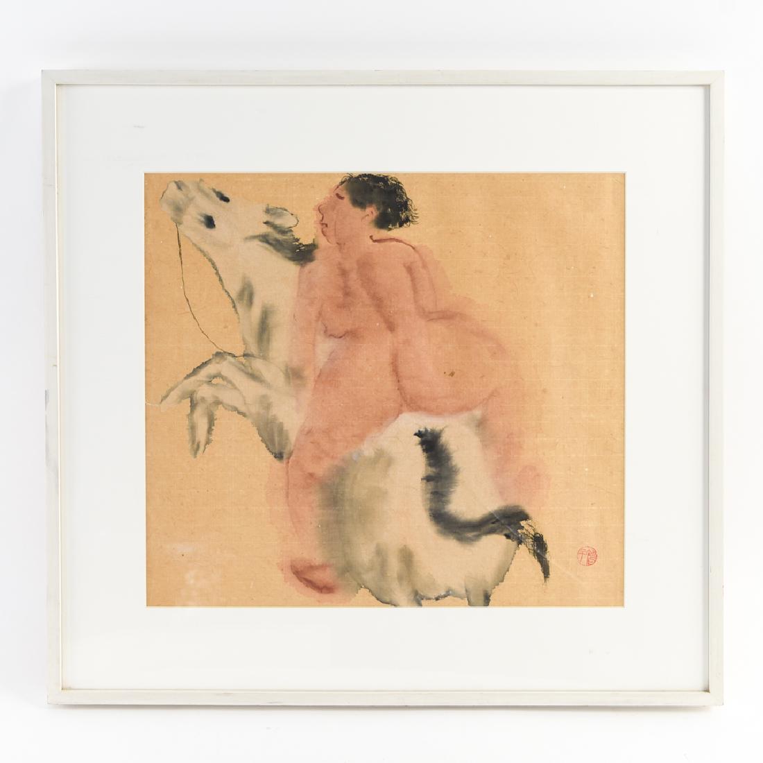 CHINESE INK & WATERCOLOR ON HANDMADE PAPER: Chinese seal, depicting woman on horse. Dimensions: (Frame) H 25" x W 26.75", (Sight) H 17" x W 19" Condition: Some scuffs to plexiglass.