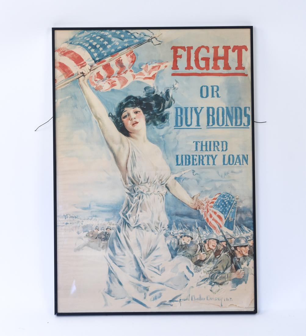 HOWARD CHANDLER CHRISTY WWI POSTER: 1917. "Fight or Buy Bonds." Dimensions: (Frame) H 40.5" x W 28.25" Condition: Some wrinkling, folds, one or two small holes. Toning, water staining at bottom corner.