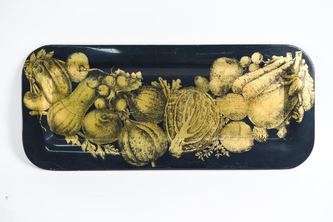 FORNASETTI ITALY TOLE DECORATED TRAY: Dimensions: L 23.25" x W 10" Condition: Some scuffs and paint wear to surface.