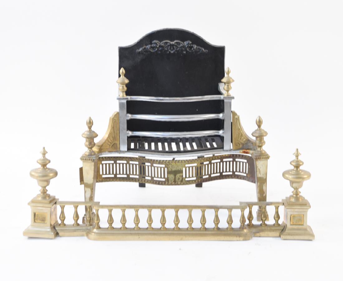 BRASS FENDER & BRASS AND IRON FIREPLACE BOX: Dimensions: H 23.5" x W 24" x D 13" Condition: Normal signs of age and use. Some loose decorative pieces.