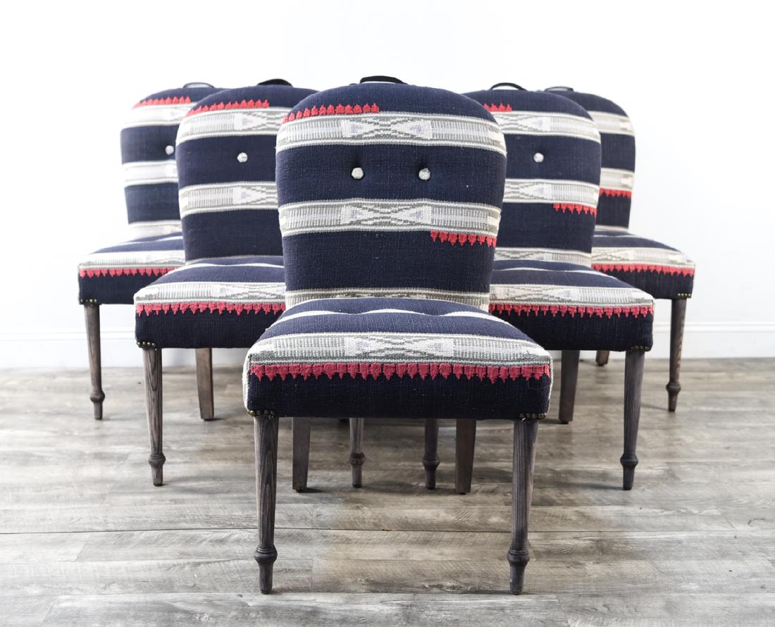 (6) UPHOLSTERED ANTHROPOLOGIE DINING CHAIRS: Dimensions: H 37" x W 21.5" x D 24" x SH 18.5" Condition: Good used condition. No apparent staining or rips to fabric.