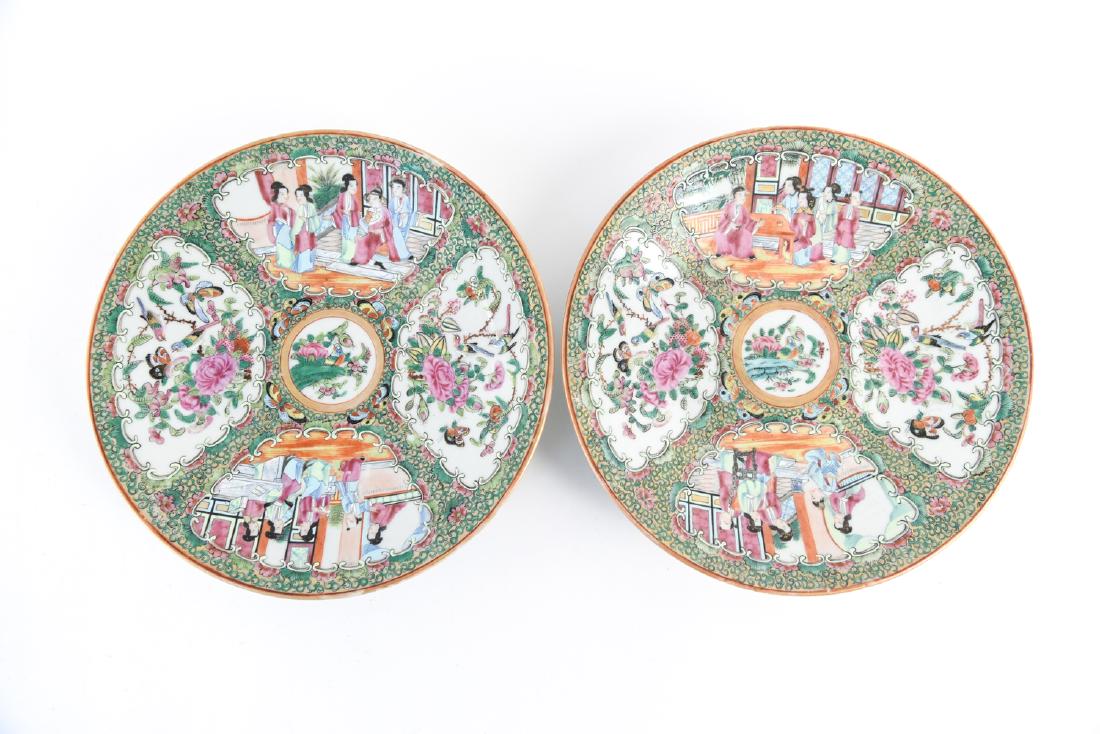 PAIR OF ROSE MEDALLION PORCELAIN PLATES: Dimensions: H 1.75" x Dia. 10.25" Condition: Few small losses to paint decoration. Minor flea bites to edges. One appears to have ground down chip.
