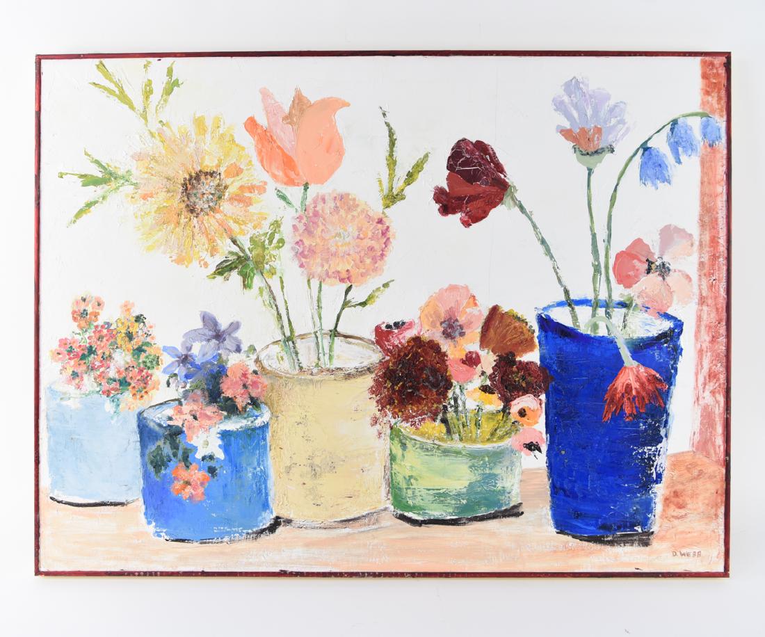 MID-CENTURY FLORAL STILL LIFE BY D. WEBB: Signed D. Webb. Dimensions: H 36" x W 48.5" Condition: A couple frame scratches.