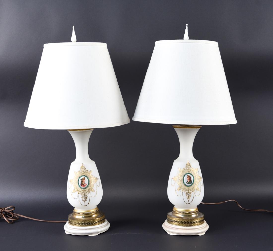 PAIR OF FRENCH OPALINE PORTRAIT VASE LAMPS (1 of 11)