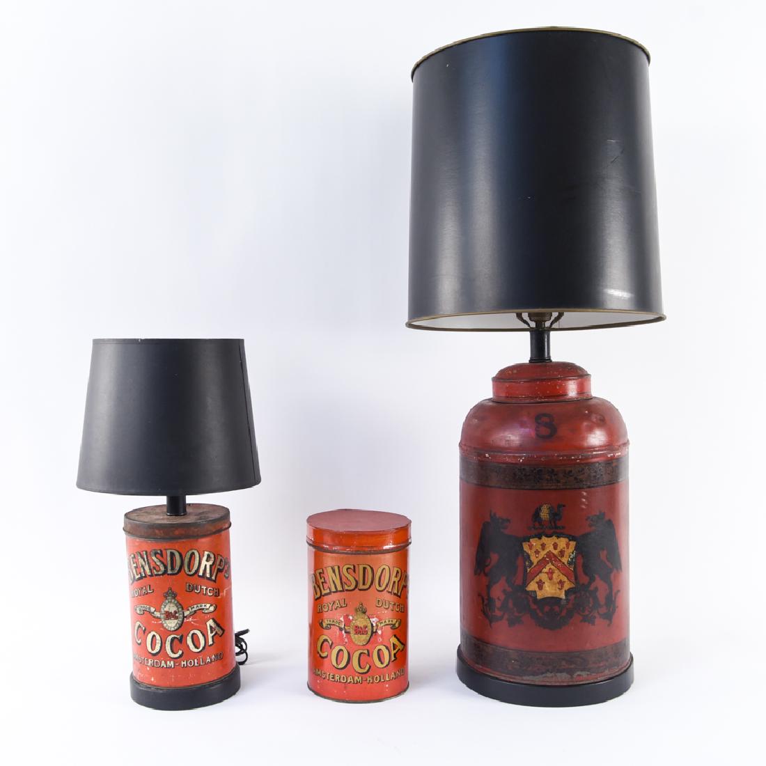 TIN TOLE COCOA & TEA CANISTER GROUPING: Dimensions: (Largest) H (to finial) 32" x Dia. (base) 9" Condition: As shown, with losses to paint, indents.