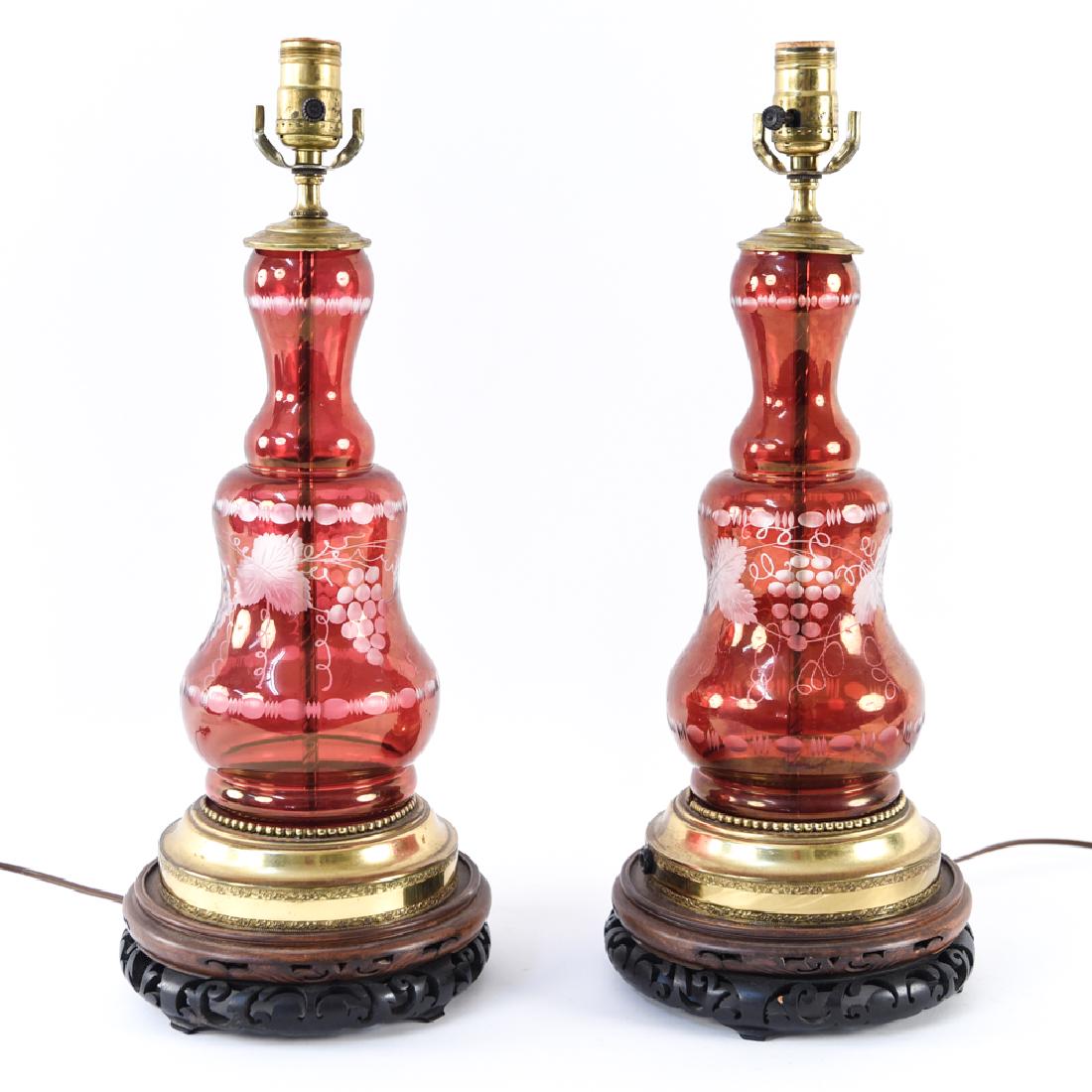 PAIR OF CRANBERRY GLASS CUT TO CLEAR GLASS LAMPS (1 of 12)