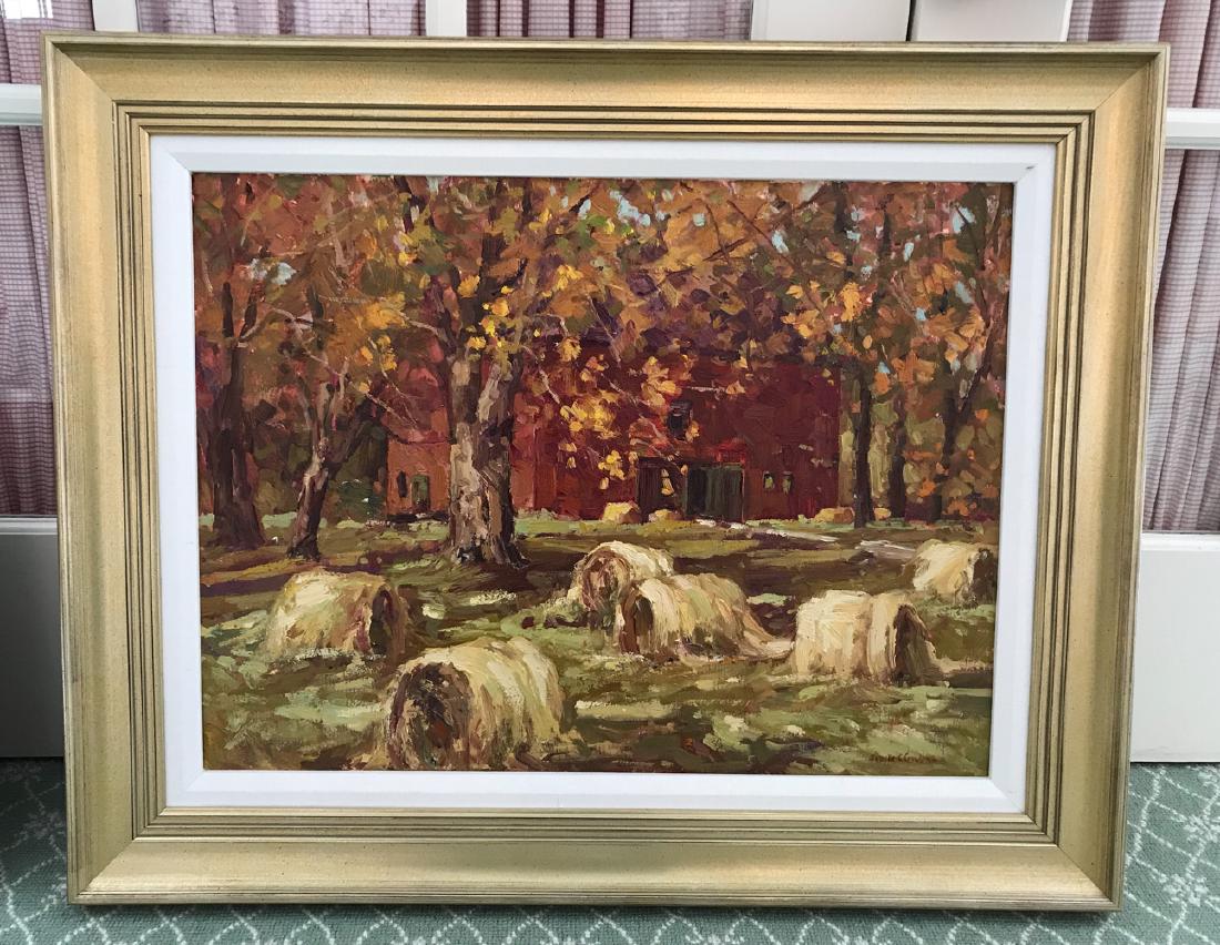JUDITH CARBINE 2004 OIL ON CANVAS HAY ROLLS: Titled "Hay Rolls, Windham." Signed, titled, dated verso. Dimensions: (Frame) H 25" x W 31", (Canvas) H 18" x W 24" Condition: No issues to note.