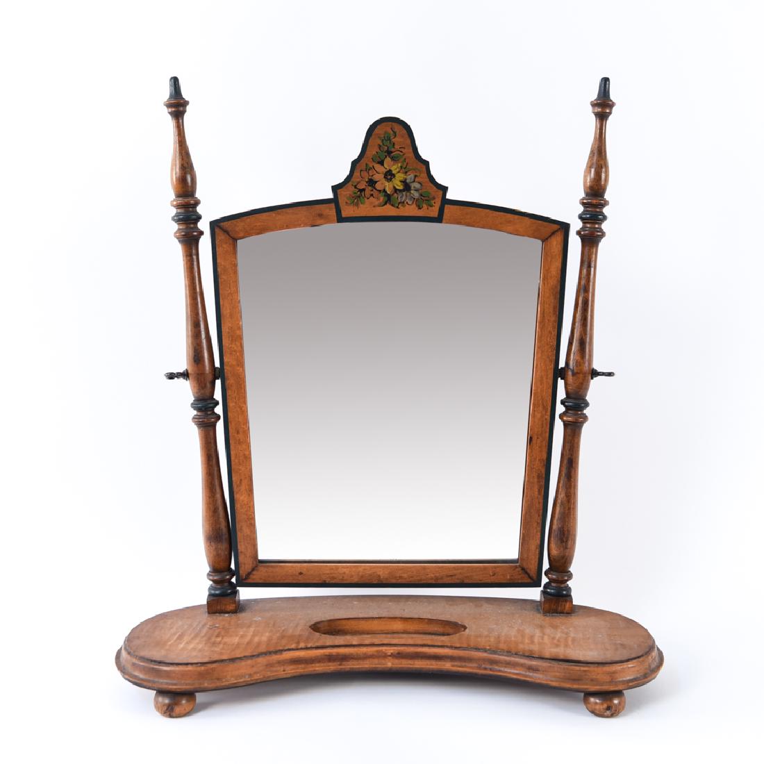 SHAVING MIRROR: With hand painted accents and ball feet. Dimensions: H 26" x W 23.5" x D 9" Condition: Normal signs of age including light de-silvering to mirror. Top with separation to veneer.