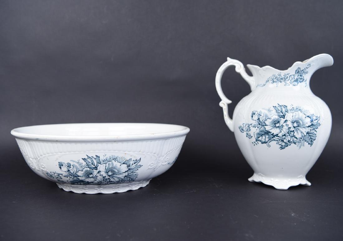 BLUE TRANSFERWARE PITCHER AND BASIN (1 of 11)