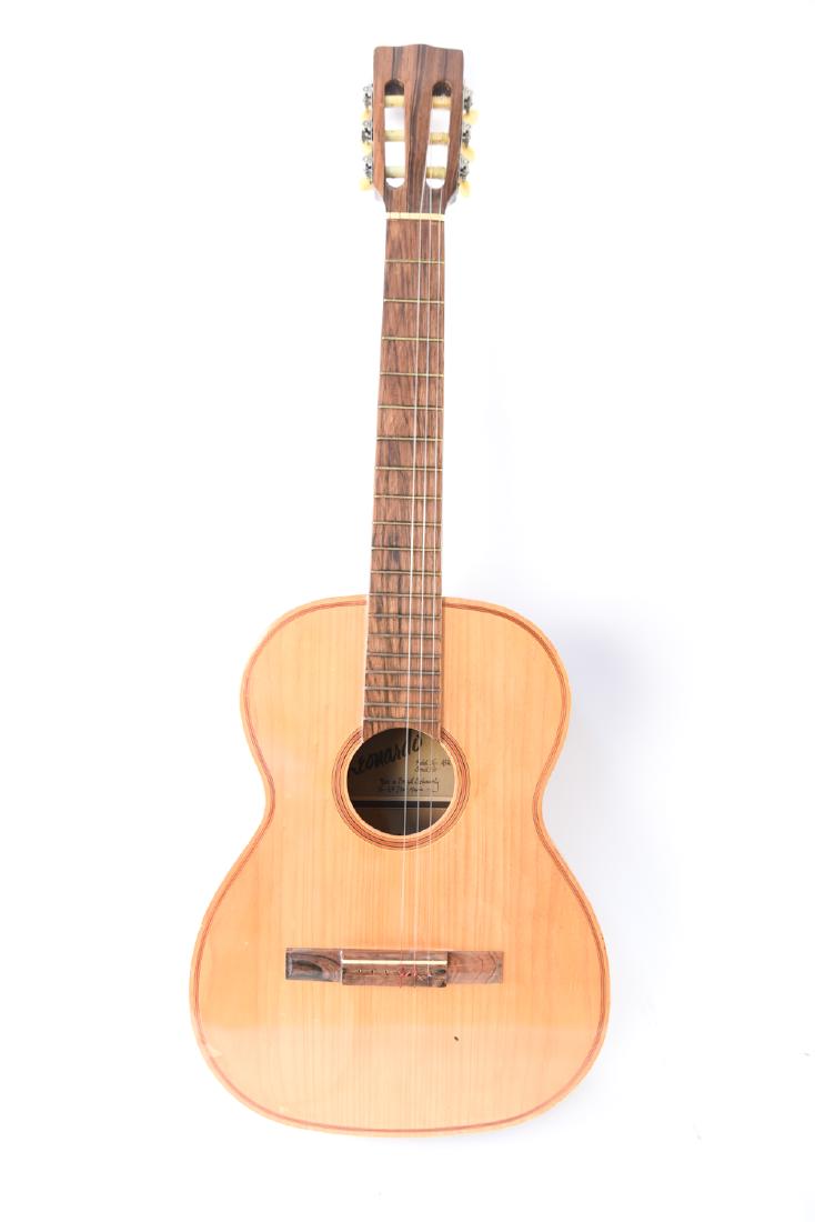 LEONARDO GUITAR MODEL ASM-6: Made in Brazil for Allstay music, model number ASM-6, comes with case. Dimensions: (Guitar) L 37.5" x W 14" x D 4" Condition: Needs restringing. Scuffs and scratches to body.