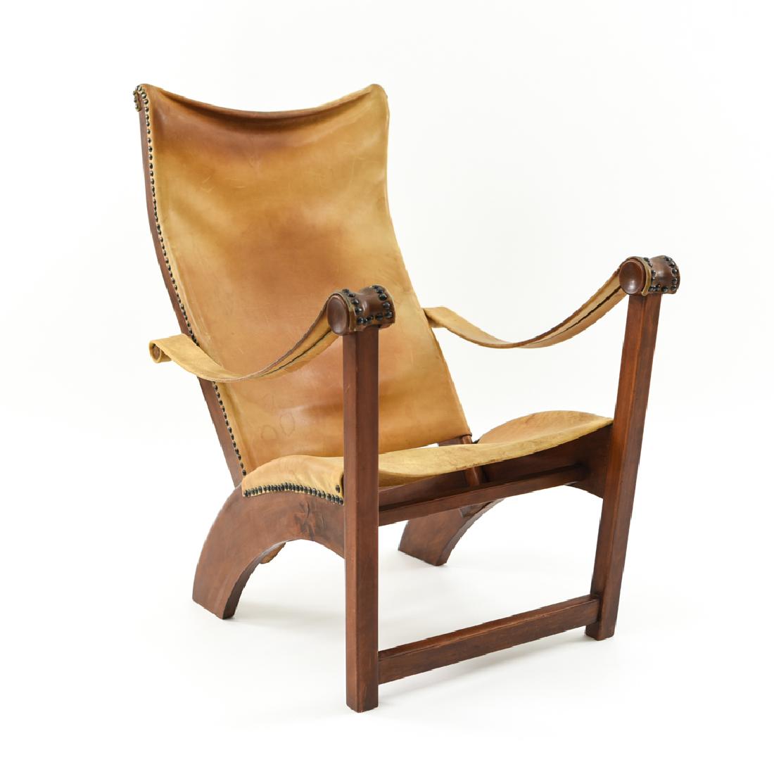 MOGENS VOLTELEN COPENHAGEN CHAIR, 1936 DENMARK: Denmark, 1936. Dimensions: H 38" x W 24.5" x D 34" x SH 14" Condition: Nicks and dings to wood. Wear, staining, and discoloration to leather. Overall wear consistent with age and use.