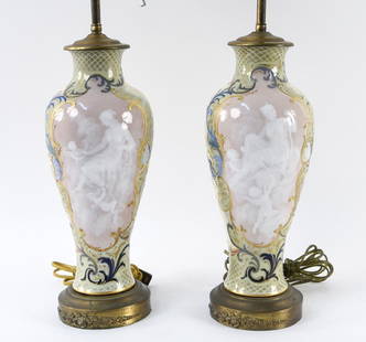 PAIR OF MEISSEN PATE-SUR-PATE VASES: With Meissen mark under, mounted as lamps. Dimensions: H 27.5" (to finial) x Dia: 7" Condition: Light signs of age, including small surface scratches and patina to brass.