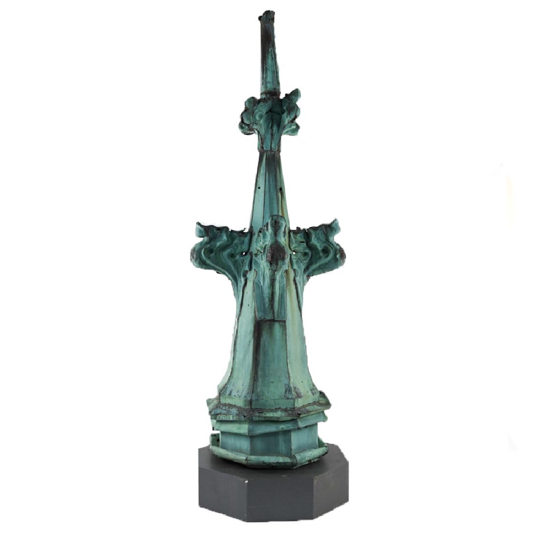 ANTIQUE COPPER GOTHIC STYLE ARCHITECTURAL FINIAL: Dimensions: (On base) H 99" x W 30" x D 30" Condition: Patina. Some losses and breaks to metal. Scuffs, small losses, and wear to base.