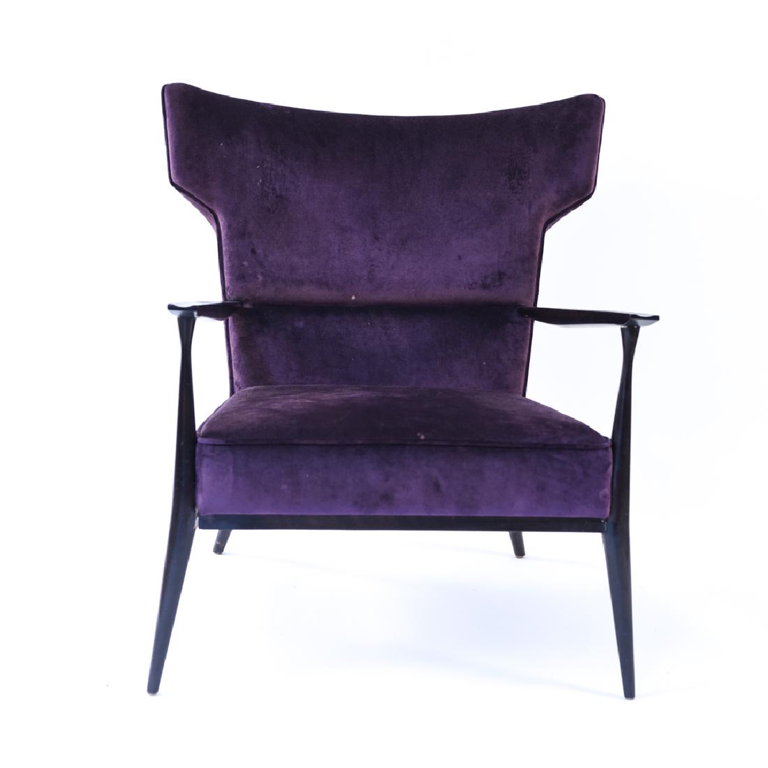 RARE PAUL MCCOBB WINGBACK LOUNGE CHAIR MODEL #1329: Purple velvet fabric with black legs. For Directional, 1950s. Dimensions: H 33" x W 30" x D 26" Seat height: 16" Condition: Normal wear consistent with age and use.