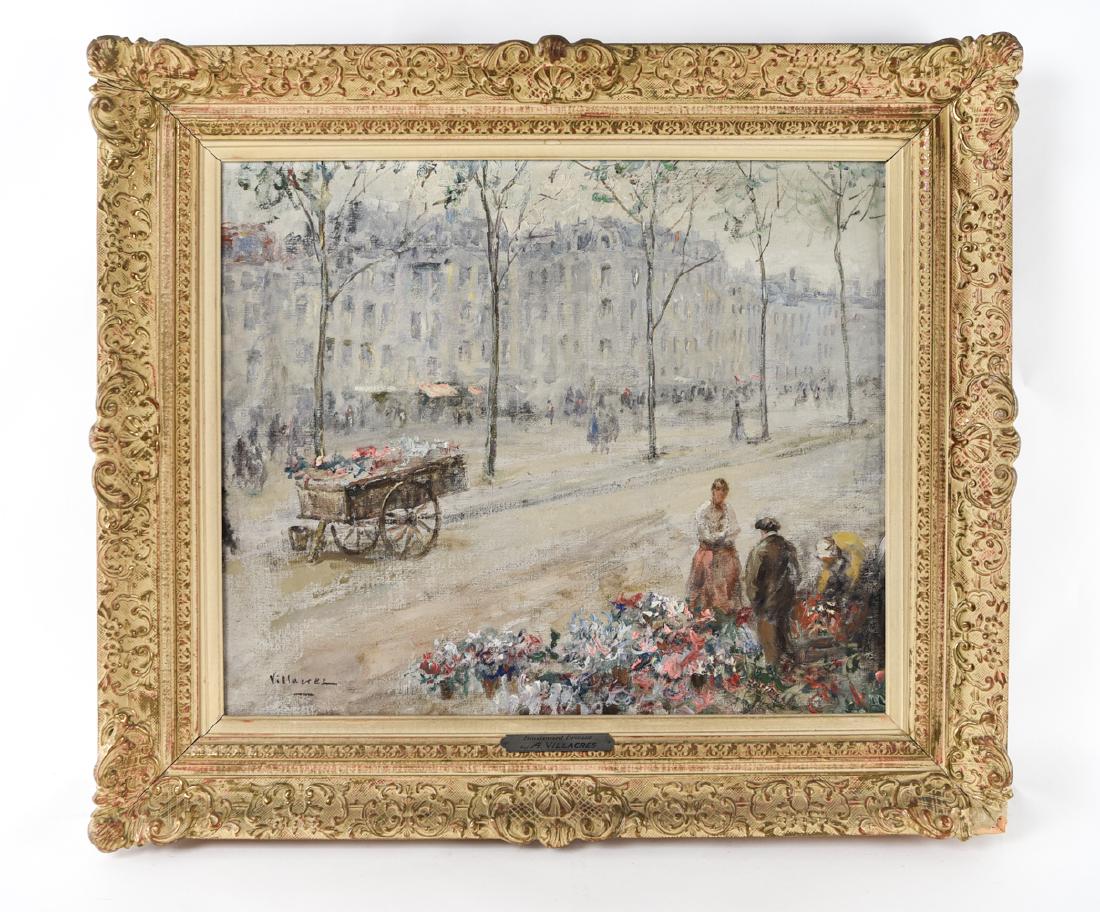 CESAR A VILLACRES, ECUADORIAN (1880 - 1941) PARIS: Impressionist Parisian street scene with flower sellers. Signed lower left: Villacres. Plaque with artist's name. Titled "Boulevard Drouot." Dimensions: (Frame) H 27.25" x W 31.5", (Canvas) H 20" x W 