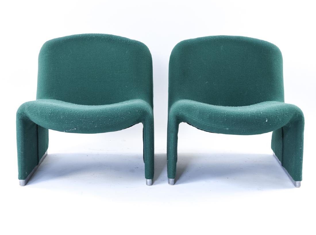 PAIR OF GIANCARLO PIRETTI, CASTELLI "ALKY" CHAIRS: 1970's, polished aluminum and upholstery. Dimensions: H 28" x W 26" x D 30" x SH 15" Condition: Pilling throughout, few scratches to aluminum, staining underneath chair.
