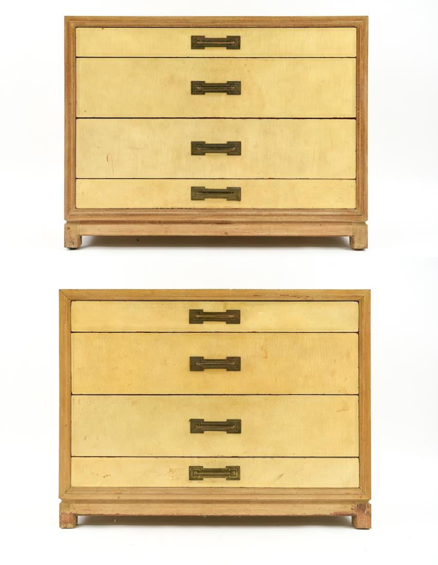 TOMMI PARZINGER FOR CHARAK PAIR MODERN CHESTS: Bleached mahogany, tooled leather fronts, original brass pulls. A matched pair. Dimensions: H 34" x W 44" x D 18.5" Condition: Handsome wear to leather including age related crazing. Minor losses to l