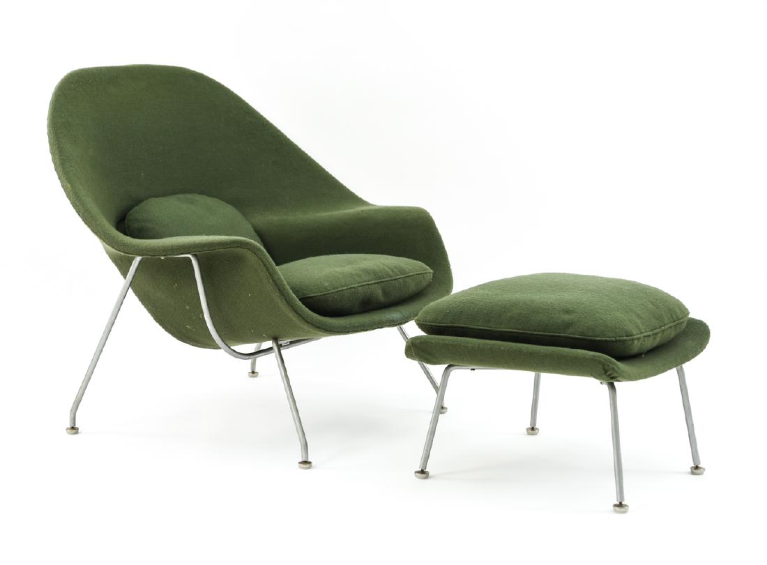 SAARINEN FOR KNOLL WOMB CHAIR AND OTTOMAN: Marked with labels under chair and ottoman. Dimensions: H 35.5" x W 39.5" x D 36" x SH 17" Condition: Some light marks to upholstery. Light finish wear to base(s).