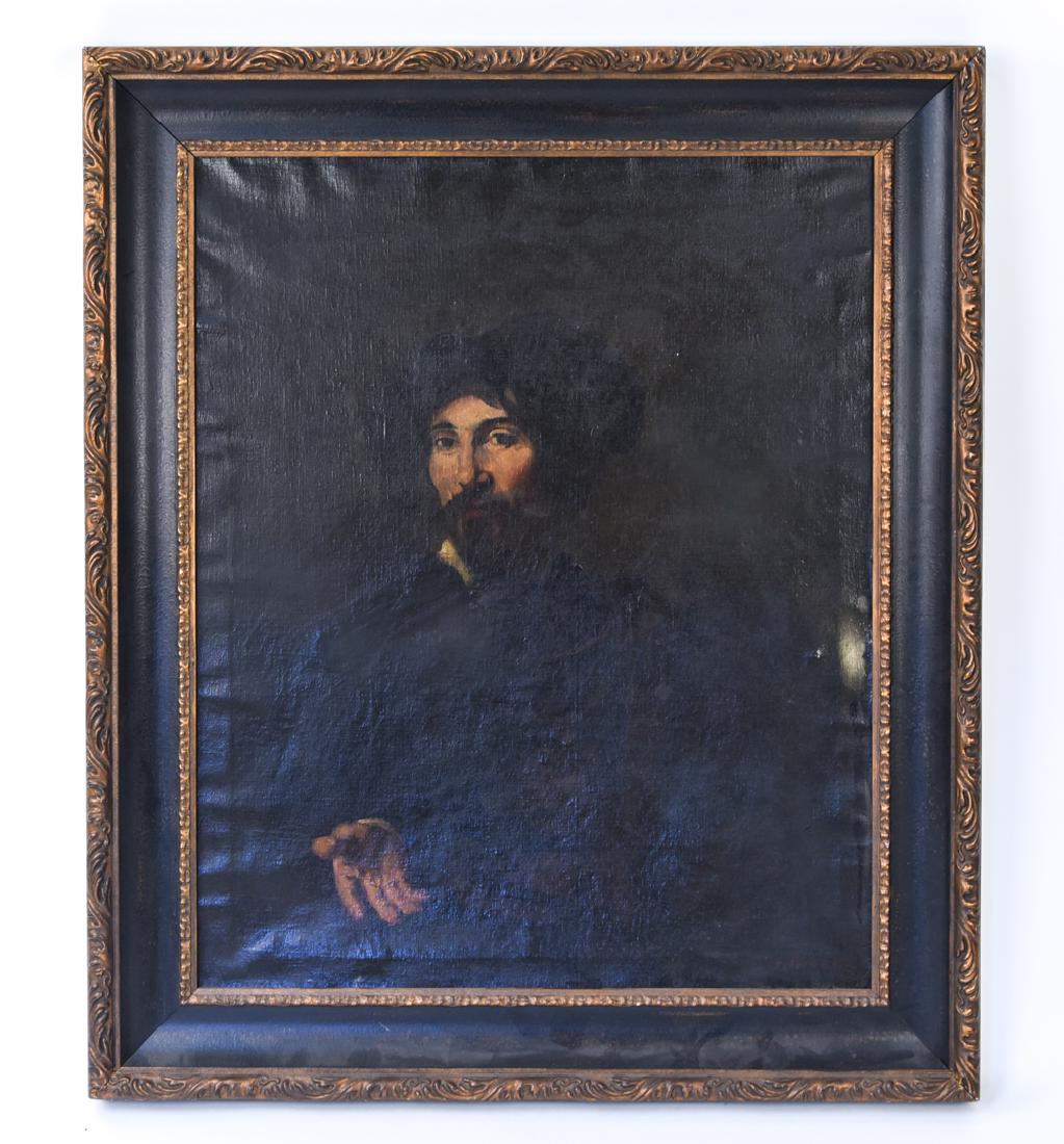 OIL ON CANVAS PORTRAIT OF A MAN SIGNED T. RIBOT: Signed lower right. Dimensions: (Frame) H 45.5" x W 38.5", (Canvas) H 37" x W 30" Condition: Few patched repairs and restorations. Some small areas of paint loss, dents to canvas. Some slight separati
