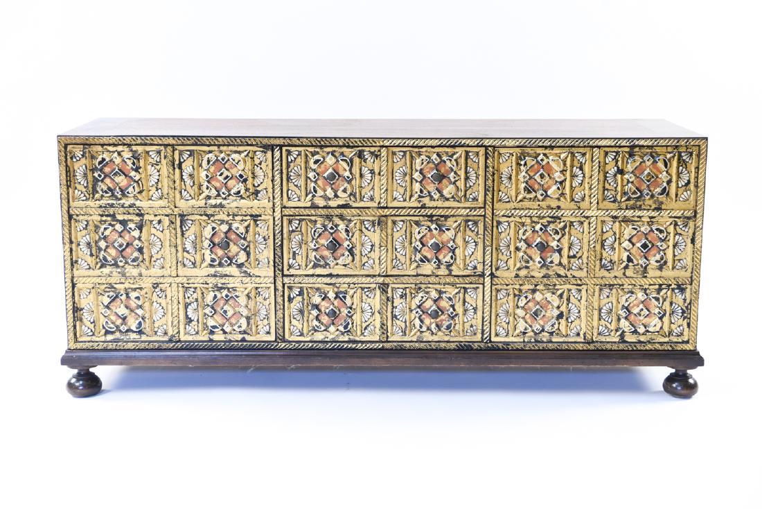 JOHN WIDDICOMB GILT DECORATED CHEST: Dimensions: H 22" x W 53" x D 16" Condition: Bubbling, scrapes and scuffs, some losses to gilding.