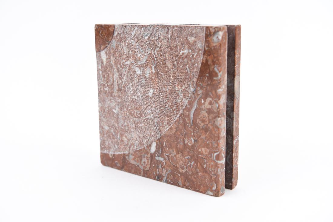 SERGIO ASTI MARBLE VASE: Imported by Atelier International, c. 1970s. Dimensions: H 6.25" x W 6.25" x D 1.5" Condition: Few small chips to edges. Light surface scratches.