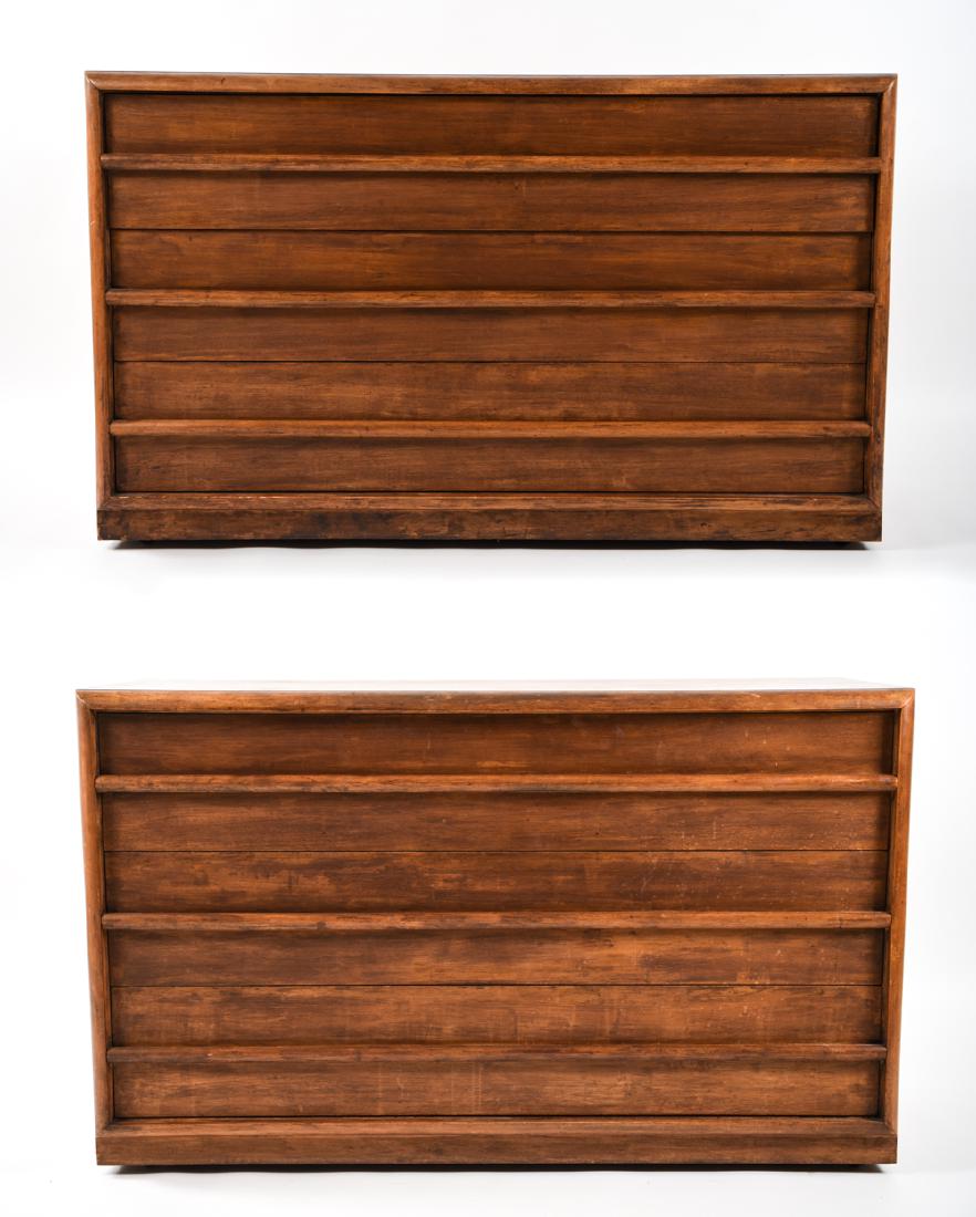 PAIR ROBSJOHN GIBBINGS THREE DRAWER CHESTS: Designed by T.H. Robs John-Gibbings. One marked with label in top drawer. Dimensions: H 31" x W 51.25" x D 21" Condition: Showing wear consistent with age and use. Watermarks and areas of finish wear.