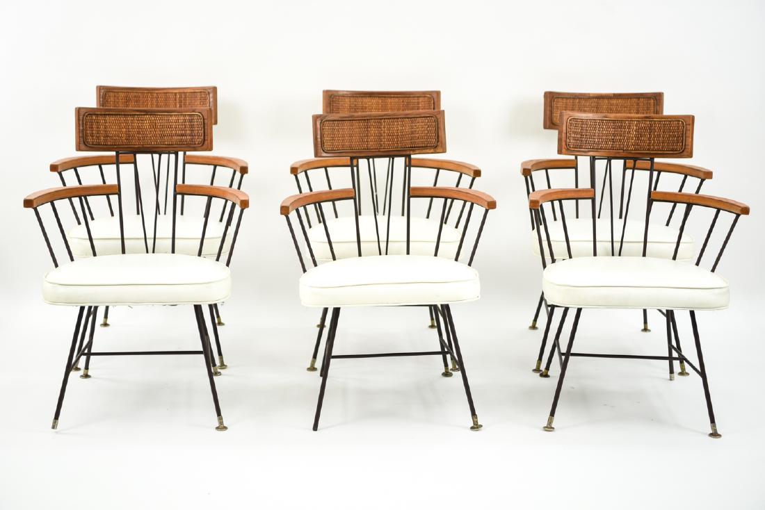 (6) RICHARD MCCARTHY IRON & WOOD DINING CHAIRS: by Richard McCarthy for Selrite. Dimensions: H 31.25" x W 22.75" x D 21" x SH 16" Condition: Showing wear consistent with age and use. Finish wear to metal and wood. Dings and small chips to wood. Mis