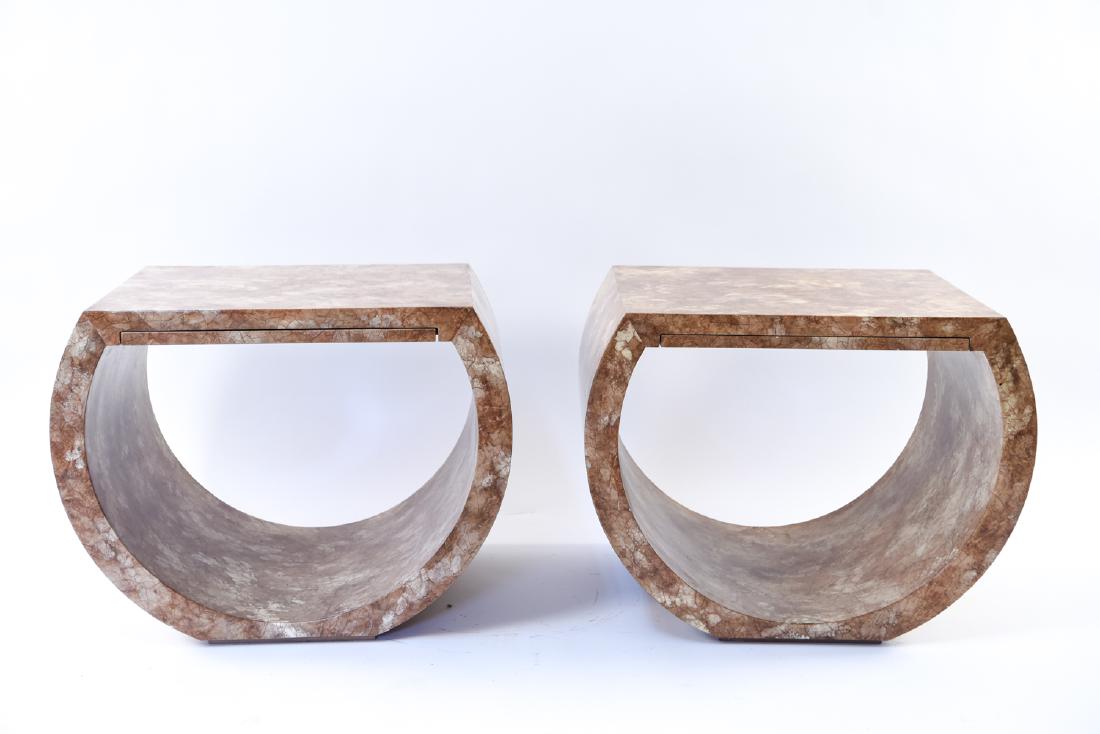 PAIR OF SIGNED BAKER SIDE TABLES: Dimensions: H 20.5" x W 27" x D 20" Condition: Scratches and scrapes throughout, chipping/losses to veneer.