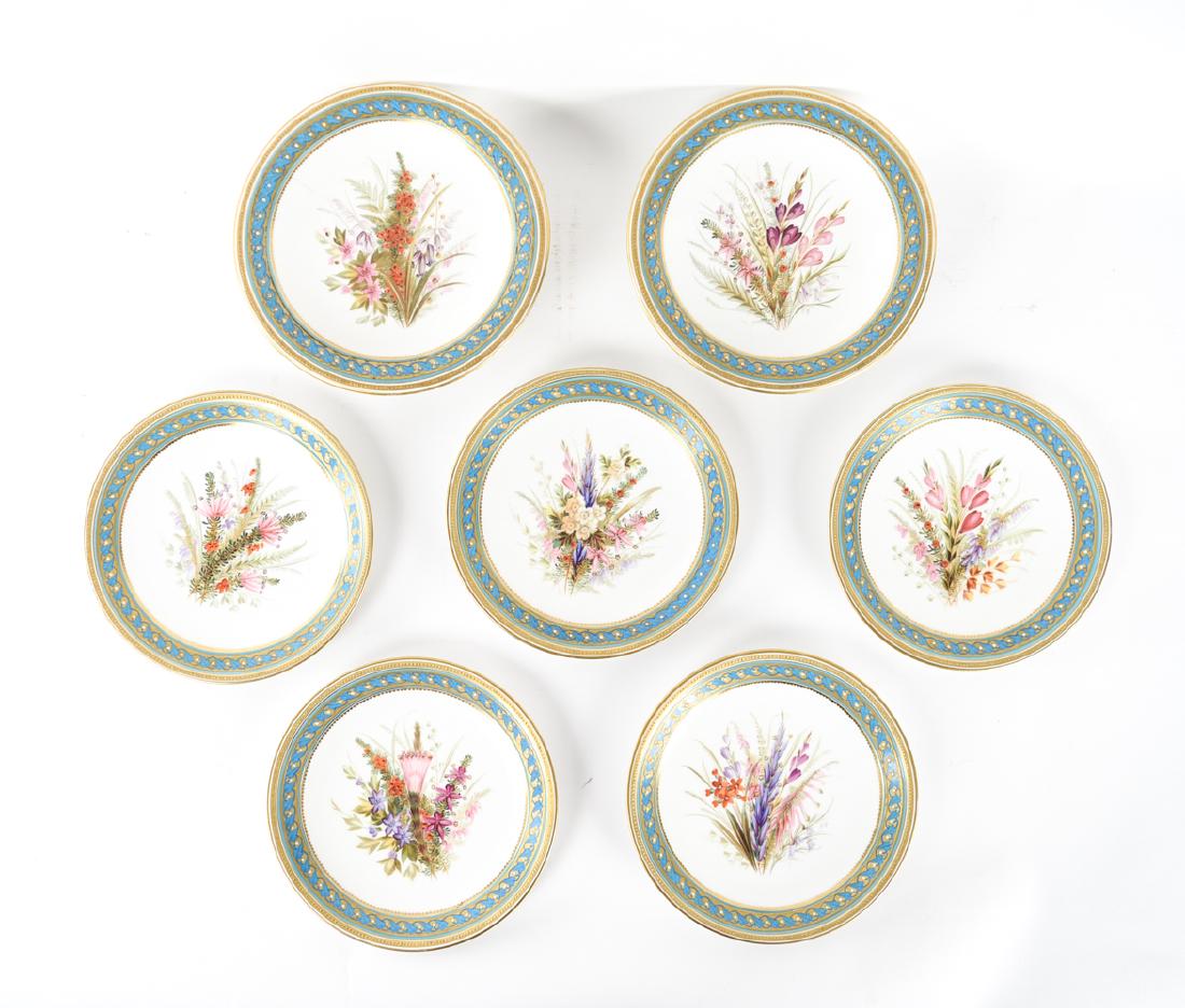 (7) 19TH CEN. ROYAL WORCESTER BOTANICAL RARE MARKS: (7) pieces, 5 desert plates and two compotes. Finely detailed decorations. With rare early impressed marks used from 1861 - 1875. With pattern number and decorator's mark. Dimensions: (Compote) H 3.25