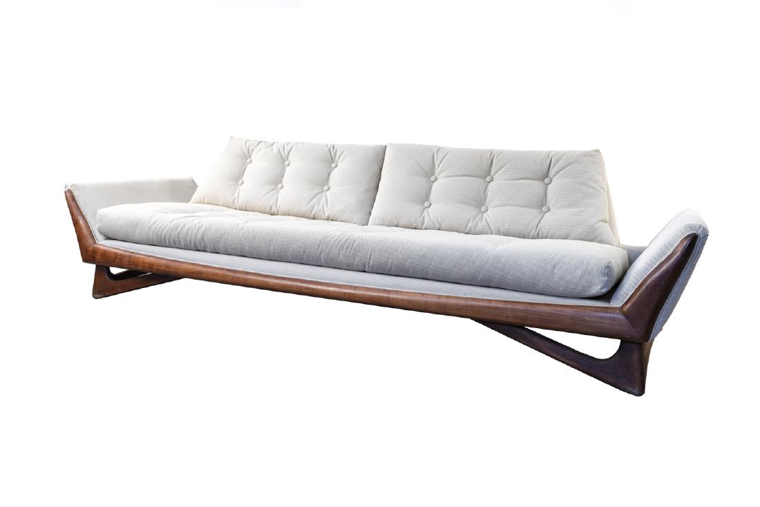 MID-CENTURY ADRIAN PEARSALL CRAFT ASSOCIATES SOFA: Dimensions: H 27" x W 104.5" x D 34" x SH 17" Condition: Some minor soiling to fabric. Overall good.