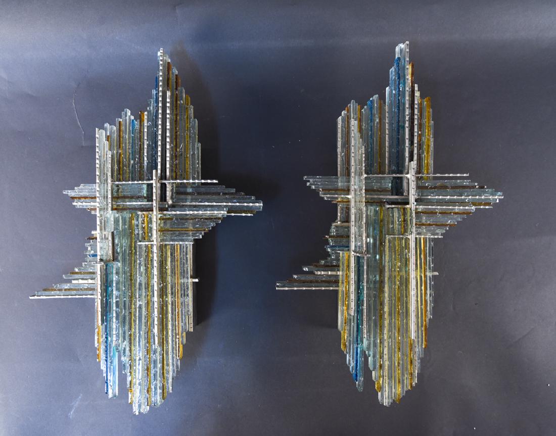 ITALIAN BIANCARDI & JORDAN ARTE SCONCES: Dimensions: H 21" x W 14" x D 5" Condition: needs electrical components, Glass intentionally rough and chipped throughout. Some pieces loose.