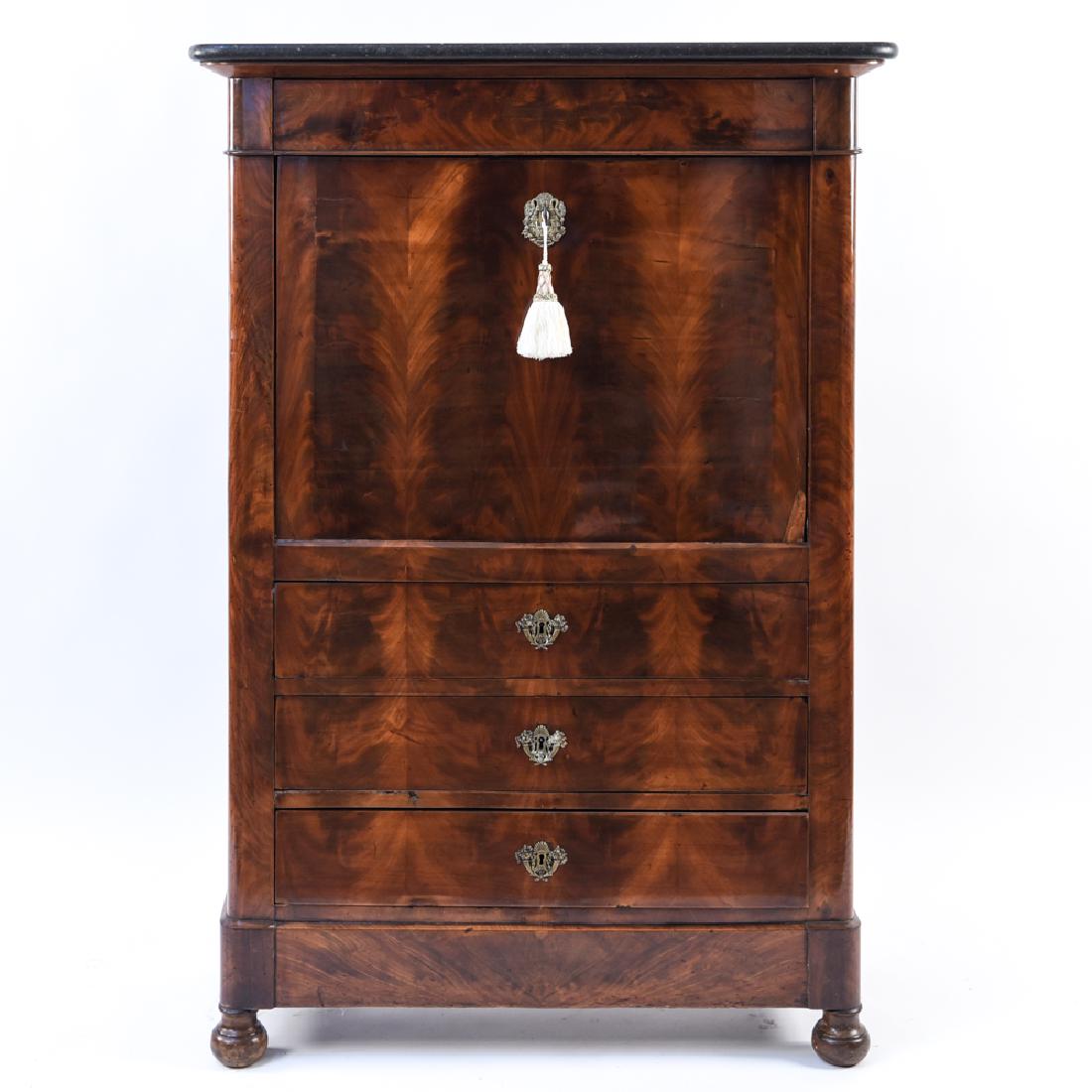 19TH CENTURY BURLWOOD MARBLE TOP SECRETARY DESK: With ormolu mounts Dimensions: H 55" x W 37" x D 16" Condition: Loss to bottom right corner of fold down desk that causes it to open hard, losses throughout.