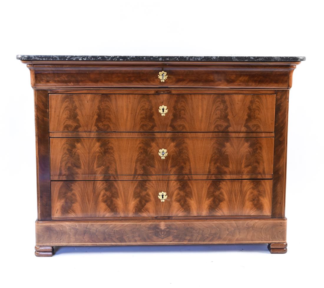 19TH C. FRENCH MARBLE TOP BURLWOOD CHEST COMMODE: Dimensions: H 36.75" x W 51" x D 22.5" Condition: Few surface scratches to marble top and nicks to edges. Few stress cracks to wood. Chips to back edge of marble. Wear consistent with age and use.