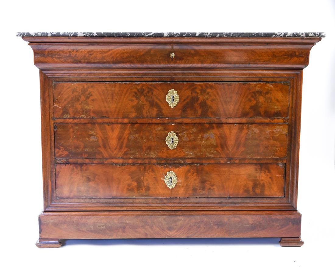 19TH C. FRENCH MARBLE TOP BURLWOOD CHEST COMMODE: With four keys, top key does not work. Dimensions: H 37.25" x W 51" x D 22" Condition: Few surface scratches to marble top. Few stress cracks. Holes to interior of drawers. Loss and flaking to finish.