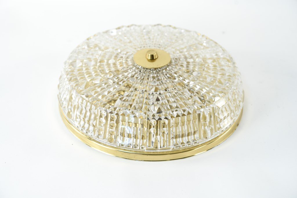 CARL FAGERLUND FOR ORREFORS PENDANT CHANDELIER: With Carl Fagerlund and Orrefors Sweden labels on the interior of the fixture. Dimensions: H 4.5" x Dia. 15"Condition: Showing a couple light scratches to brass. Wear consistent with age and use.D010