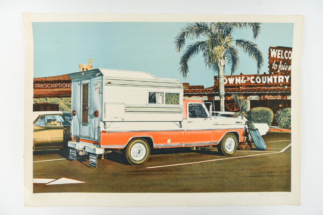 RALPH GOINGS "TOWN & COUNTRY" 1966 LITHOGRAPH: Signed lower right: Ralph Goings. Dimensions: H 24" x W 35" Condition: Showing handling marks and some light creases to lower left corner.