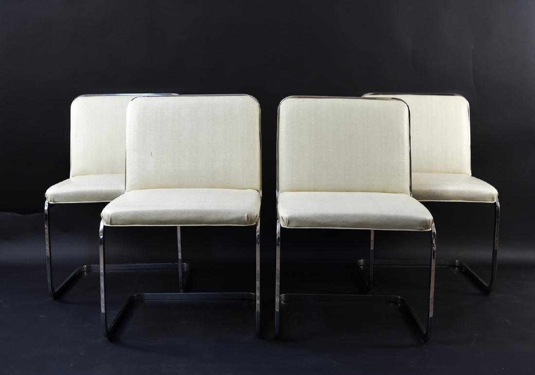 BRUETON FAUX SNAKESKIN LEATHER CANTILEVER CHAIRS: Brueton label under. (4) chairs. C. 1980s. Dimensions: H 32" x W 21" x D 23" Seat Height: 17" Condition: A couple scuffs and scratches, consistent with light use.