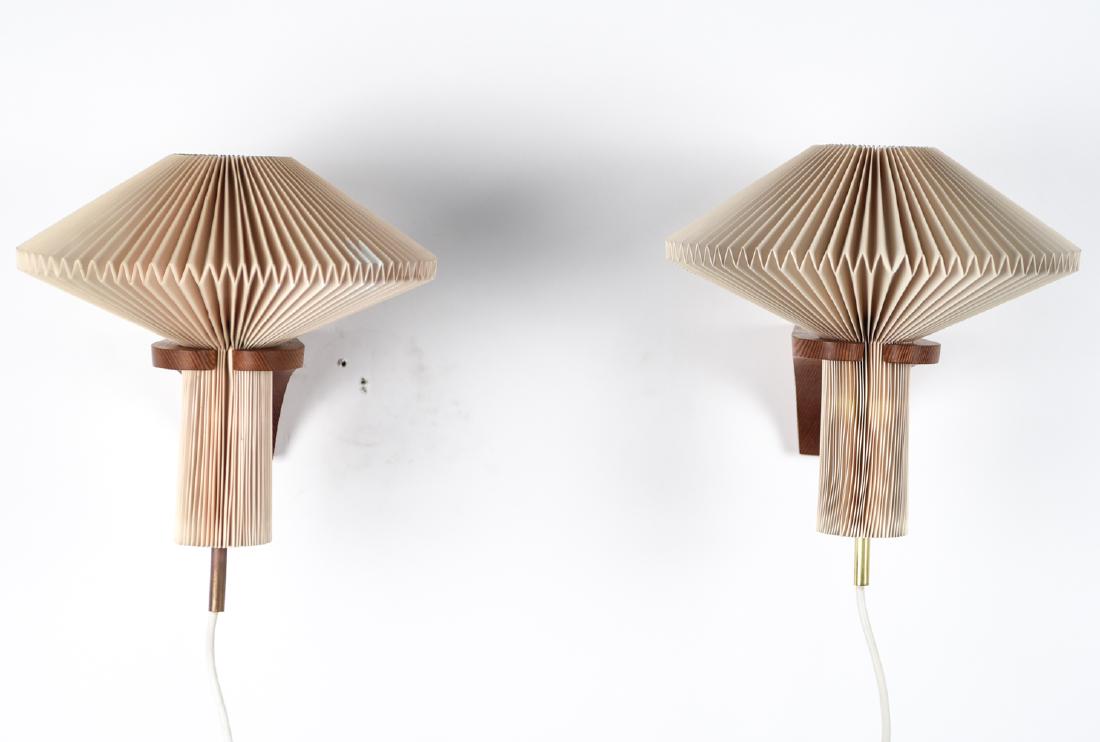 LE KLINT DANISH FOLDED PLEATED PAPER SCONCES: Dimensions: H 10" x W 12.75" x D 10" Condition: Not tested. Some yellowing and paint marks to shades.
