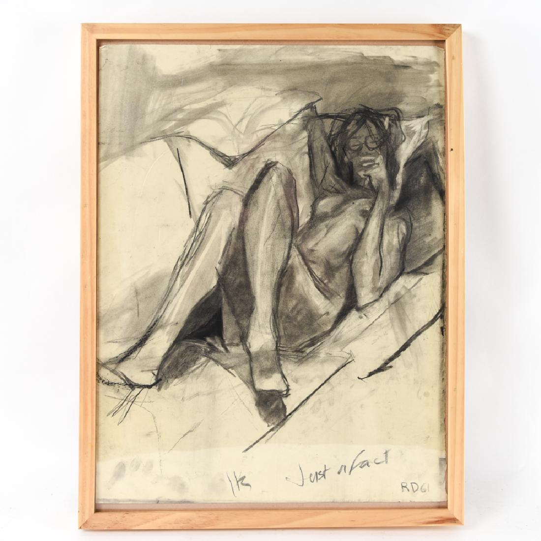 INITIALED DATED RD 61 CHARCOAL NUDE: Reclining nude on couch. Titled, initialed, dated lower right: "It's Just a Fact," RD, '61. Dimensions: (Frame) H 25.25" x W 19.25", (Sight) H 23" x W 17.5" Condition: Paper lightly age toned. Smudges