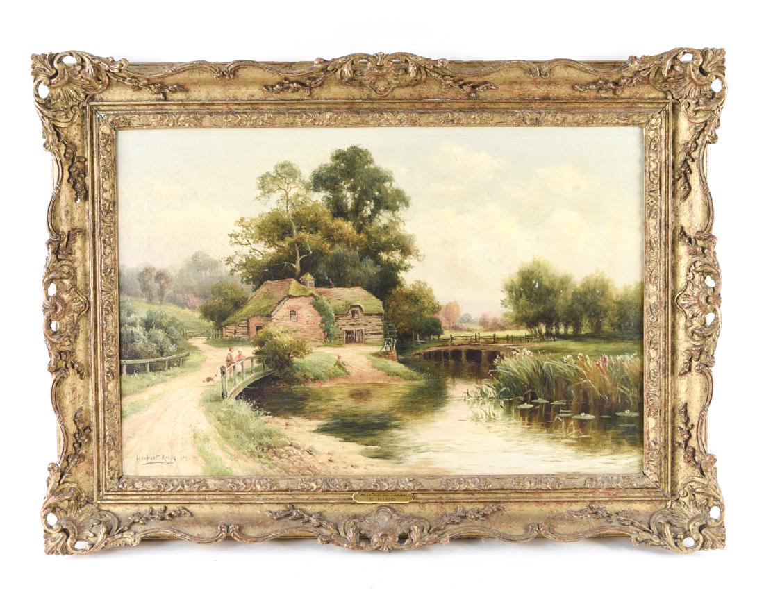 HERBERT KING, BRITISH (19TH C.) OIL ON CANVAS: Signed lower left. Faintly dated '86 Dimensions: (Frame) H 27" x W 37", (Canvas) H 20" x W 30" Condition: Some surface dirt. Few small losses to frame. Some separation at frame corners. Some tears to 
