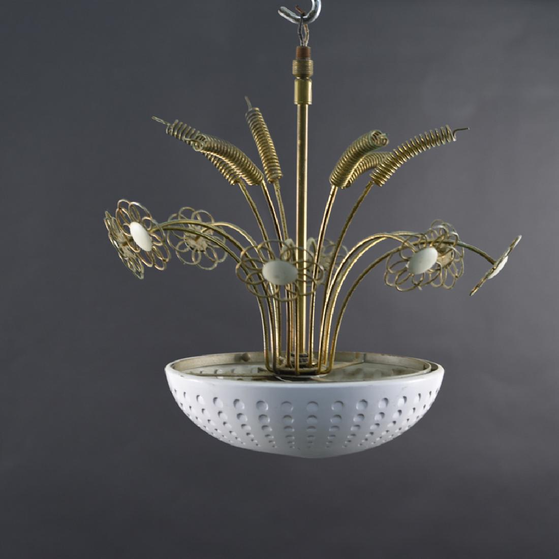 MANNER OF PAAVO TYNELL FLOWER BASKET CHANDELIER: Dimensions: H 15" x Dia. 14" Condition: In need of rewiring. Oxidation to metal. Scuffs and marks throughout.