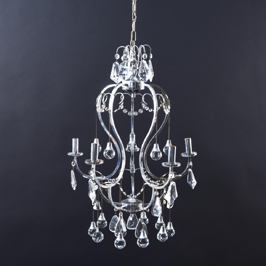 GAETANO SCIOLARI CHROME & GLASS BALL CHANDELIER: Dimensions: H 26" x Dia. 18.5" Condition: May need to be rewired. Normal signs of age. Some missing crystals, chips and loss to crystals.